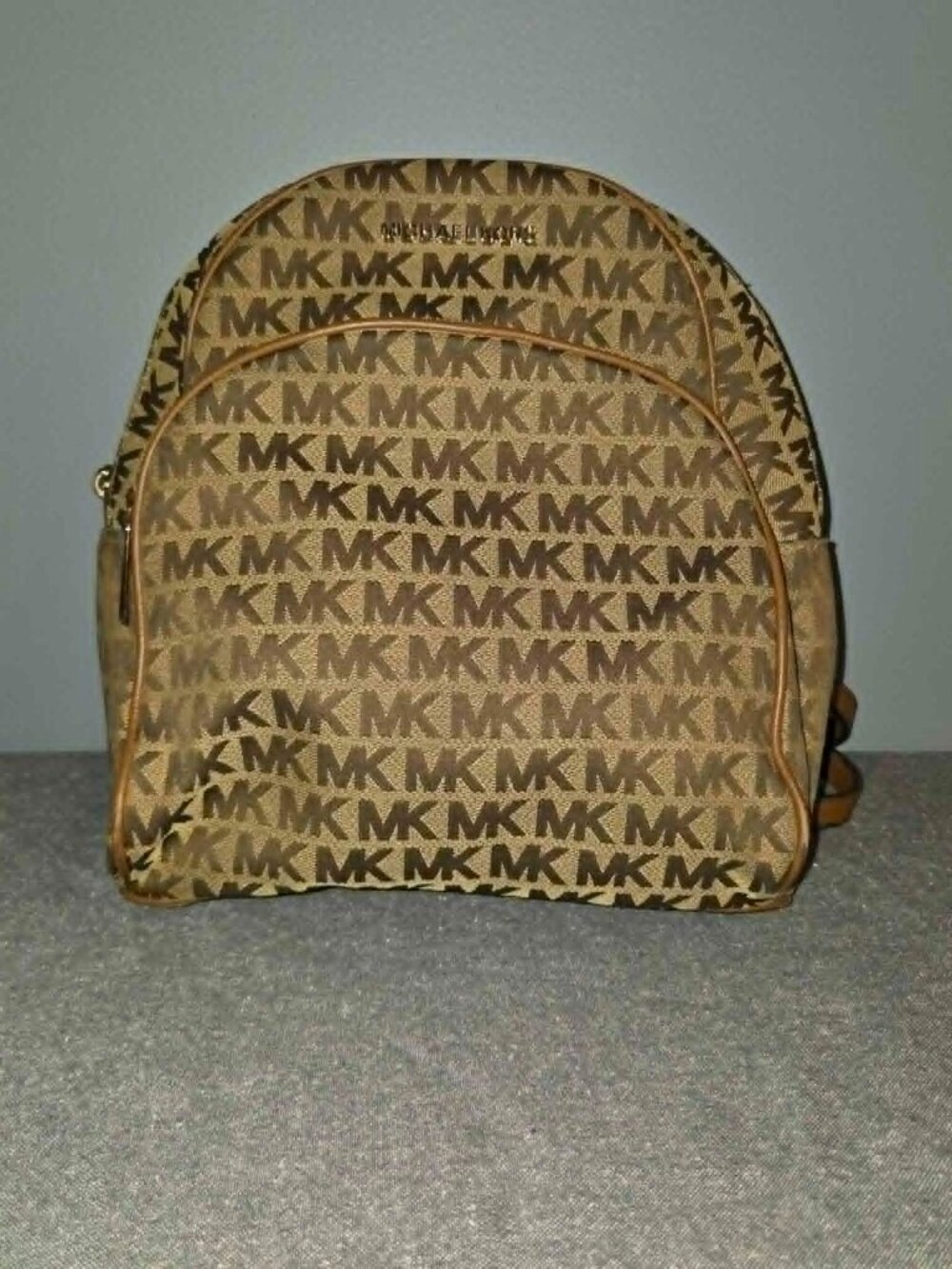Michael Kors MK Signature Jacquard Small Backpack Brown Tan Leather Trim